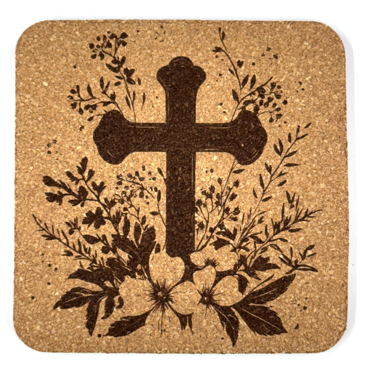 Botanical Wildflower Cross Laser Engraved Cork Coaster