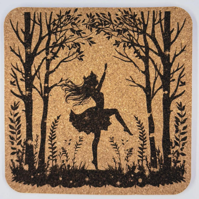 Dancing Woodland Pixie Fairy Coaster – Enchanted Forest Silhouette Cork Coaster