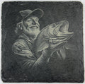 Happy Angler with Catch Slate Coaster – Sport Fishing Portrait