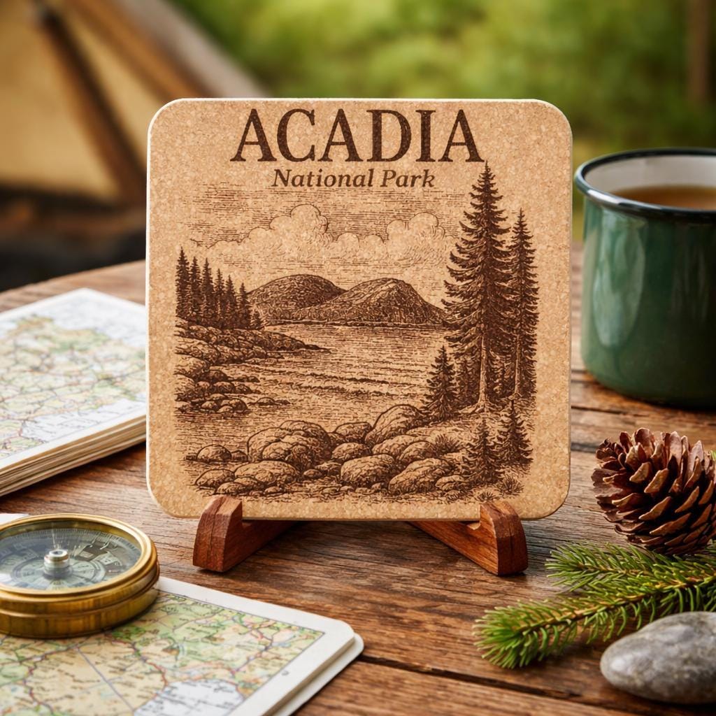 Acadia National Park Cork Coaster – Maine Coastal Landscape Engraved Coaster