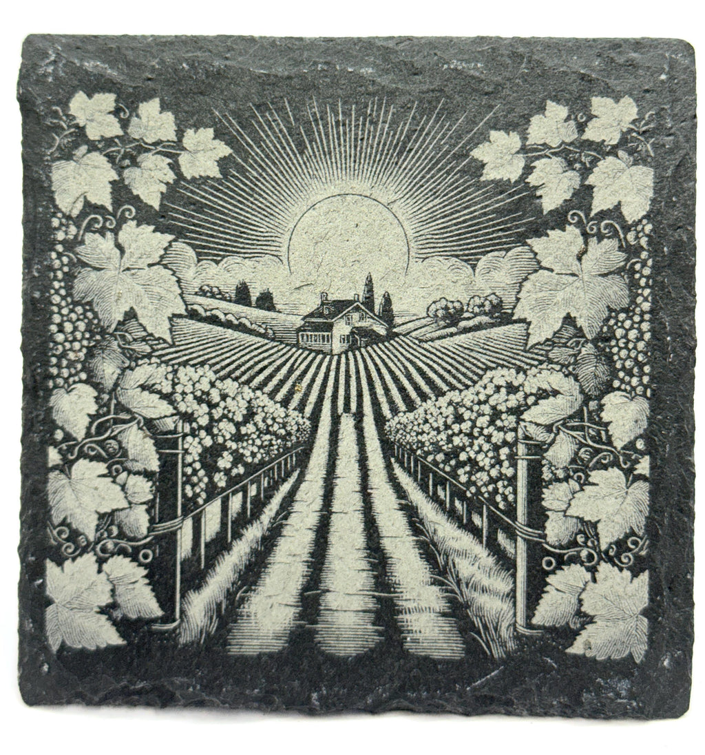 Sunrise Vineyard Slate Coaster – Rolling Rows & Winery View