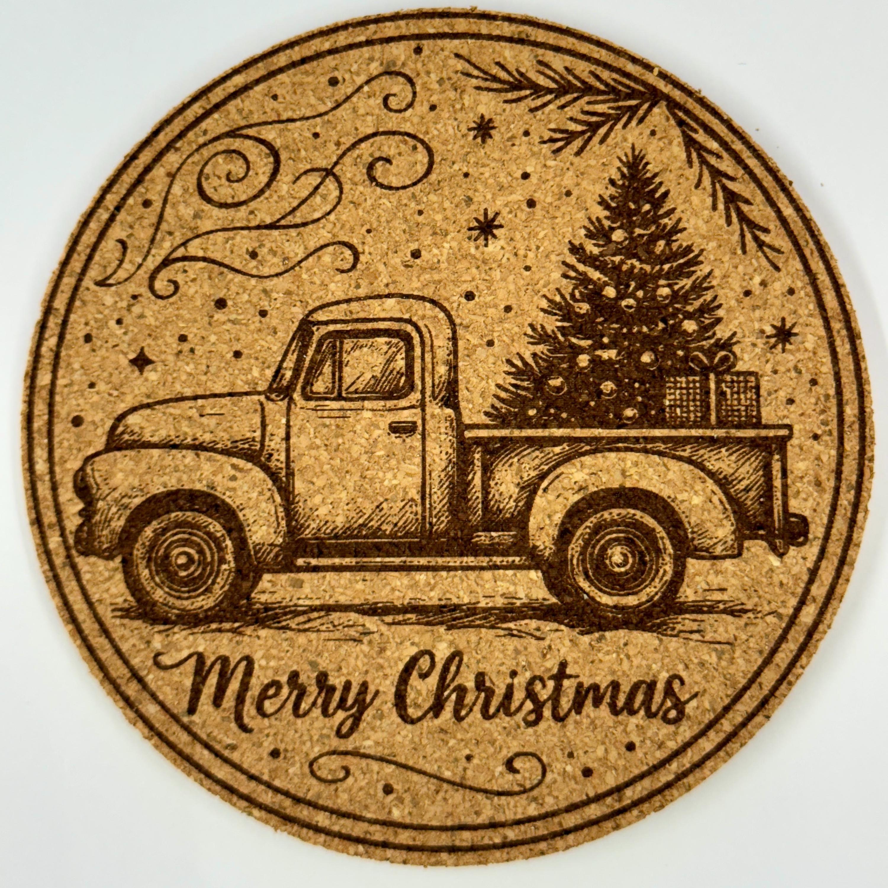 Vintage Christmas Truck Cork Coaster – Merry Christmas Tree Farm Scene