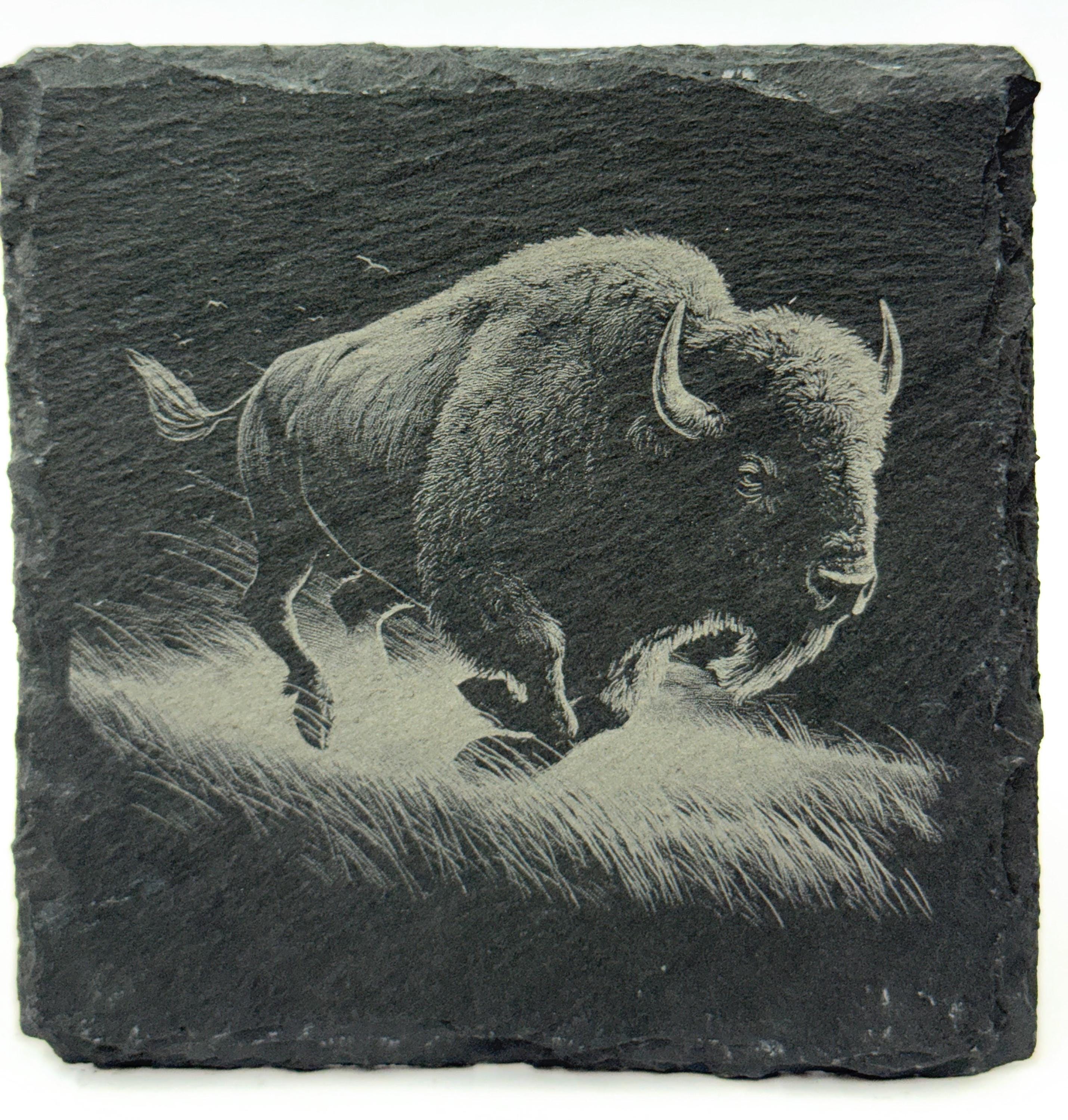 Running American Bison Slate Coaster – Buffalo Wildlife Art