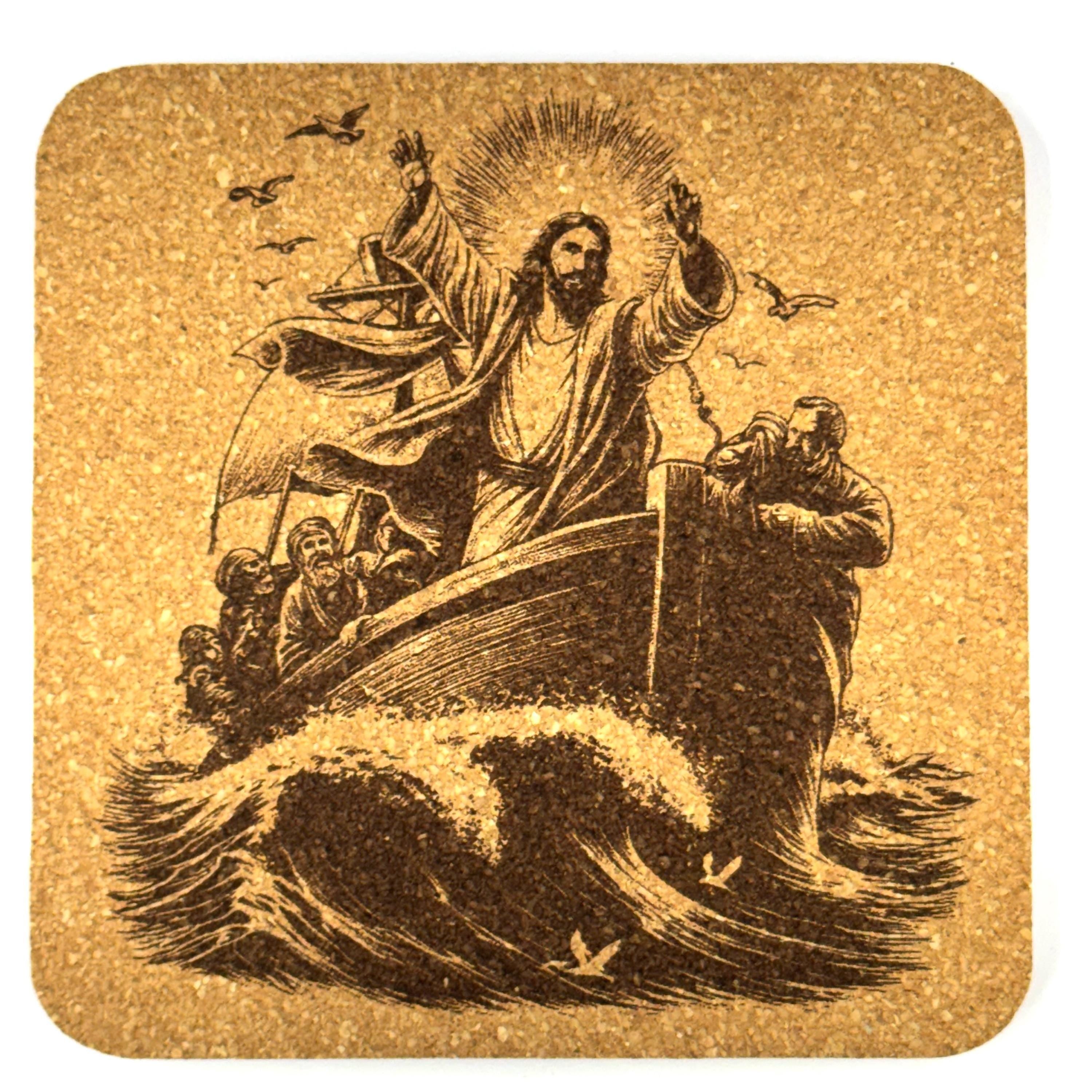 Jesus Calming the Storm Coaster, Christian Engraved Cork Coaster Bible Scene