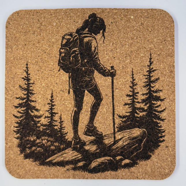 Woman Backpacking Through Forest Cork Coaster – Hiking Art