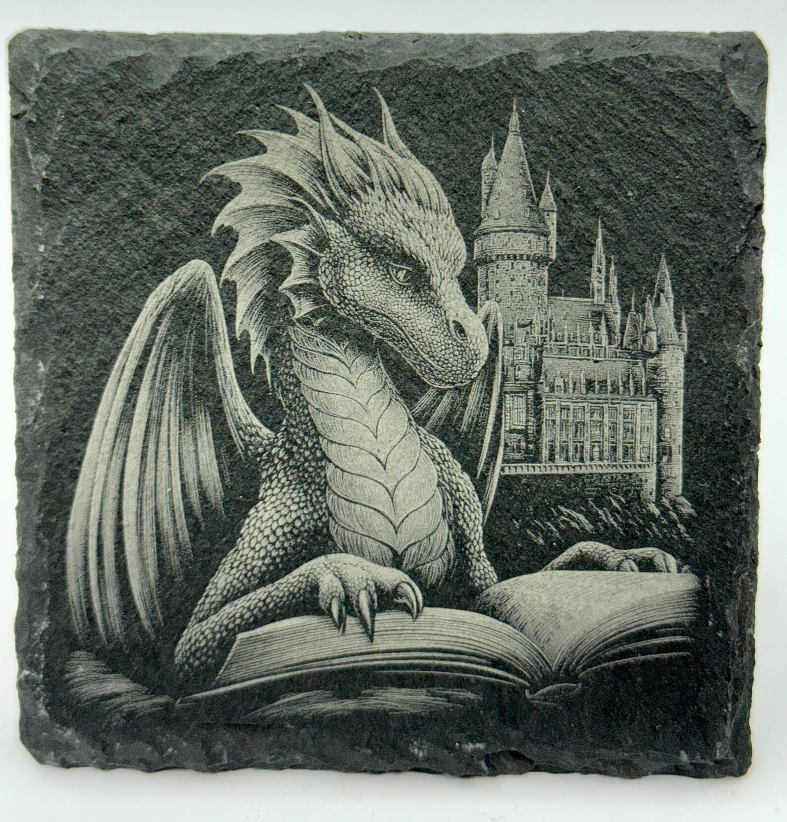 Reading Dragon Slate Coaster – Fantasy Book Art