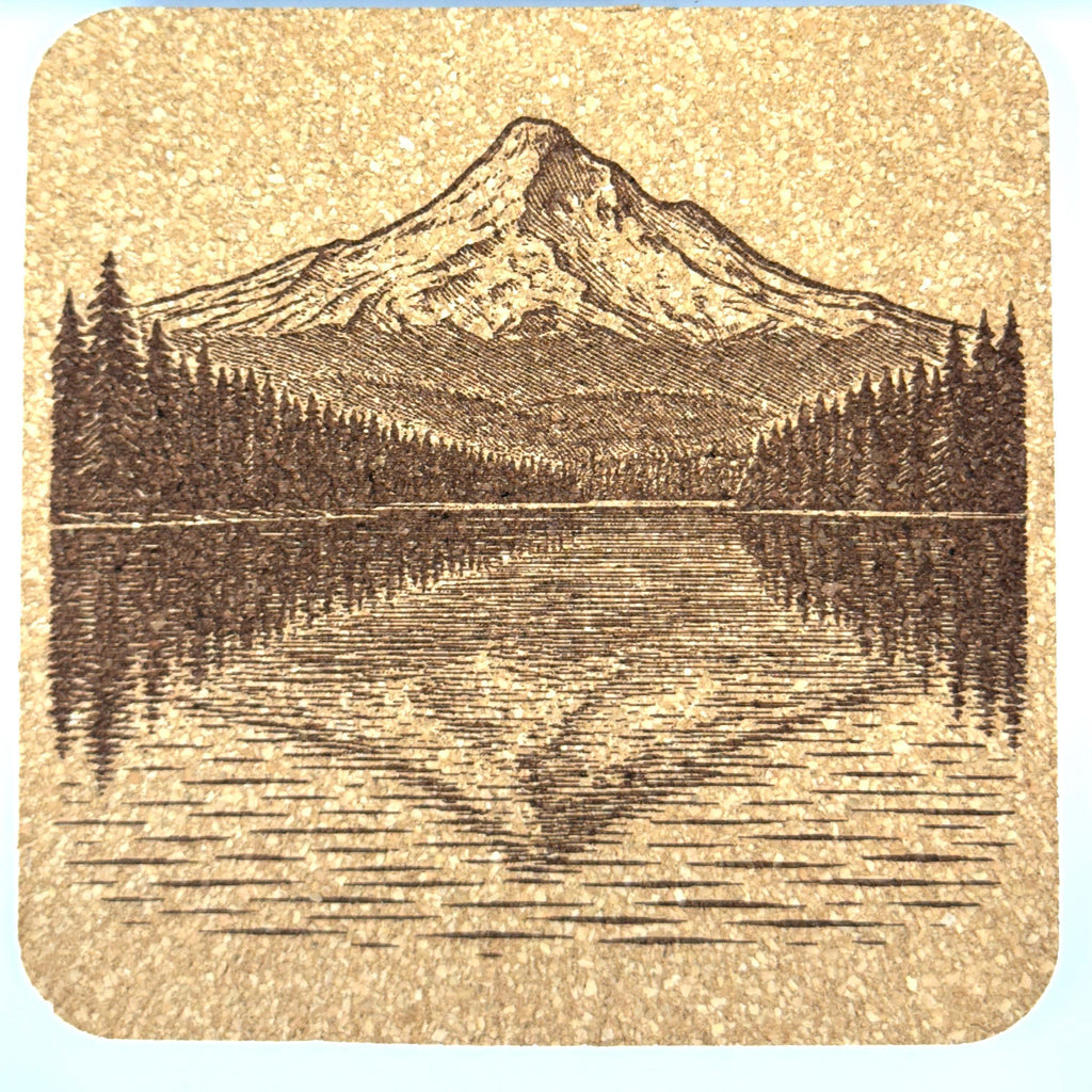 Mountain Reflection Cork Coaster – Forest Lake Landscape Art