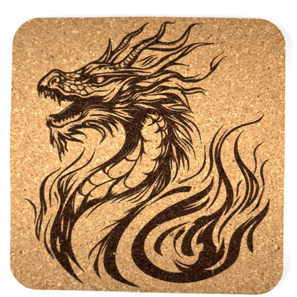 Serpentine Flame Dragon Square Cork Coaster – Mythical Creature