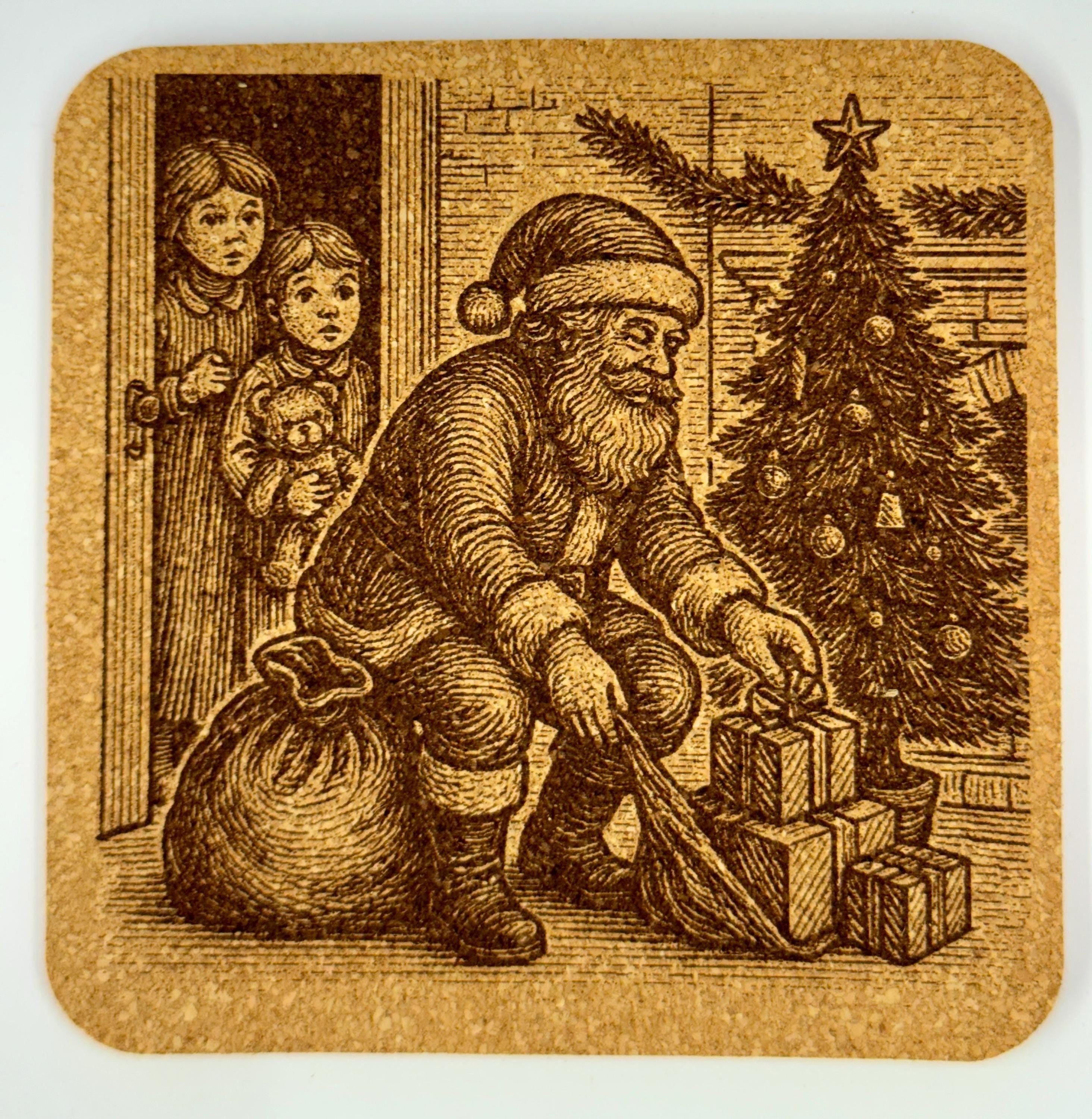 Santa Delivering Gifts Cork Coaster – Vintage Christmas Eve Decor