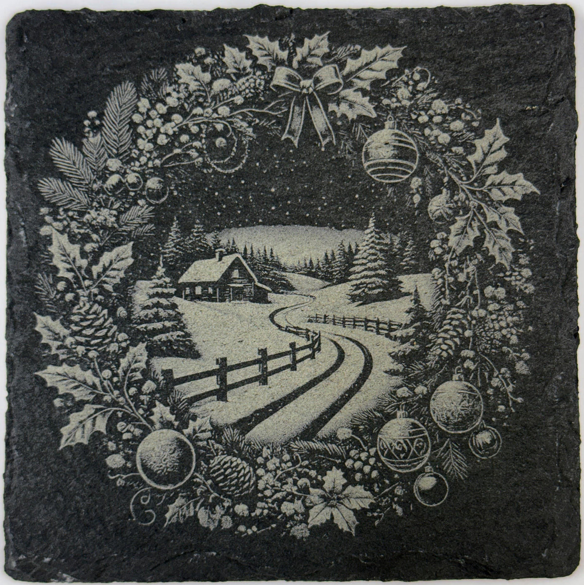 Winter Country Road Wreath Slate Coaster – Vintage Christmas Scene