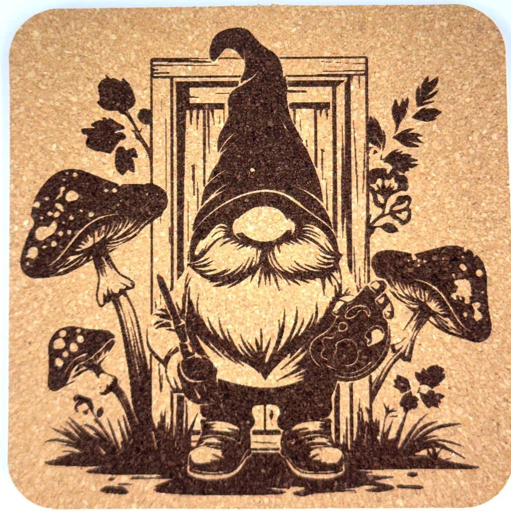 Artist Gnome with Mushrooms – Engraved Cork Coaster