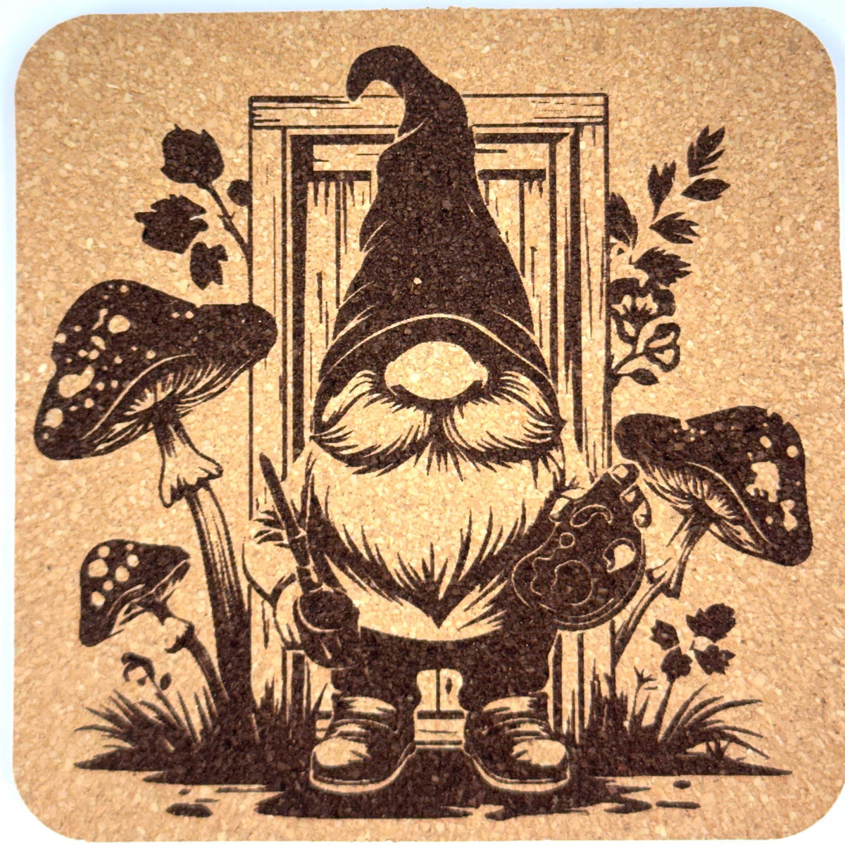 Artist Gnome with Mushrooms – Engraved Cork Coaster
