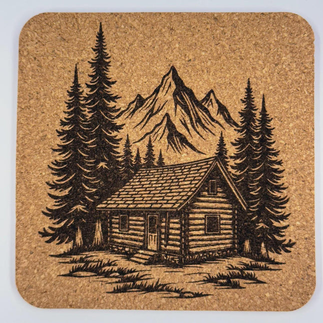 Log Cabin Coaster – Engraved Cork Drink Coaster with Wilderness Landscape