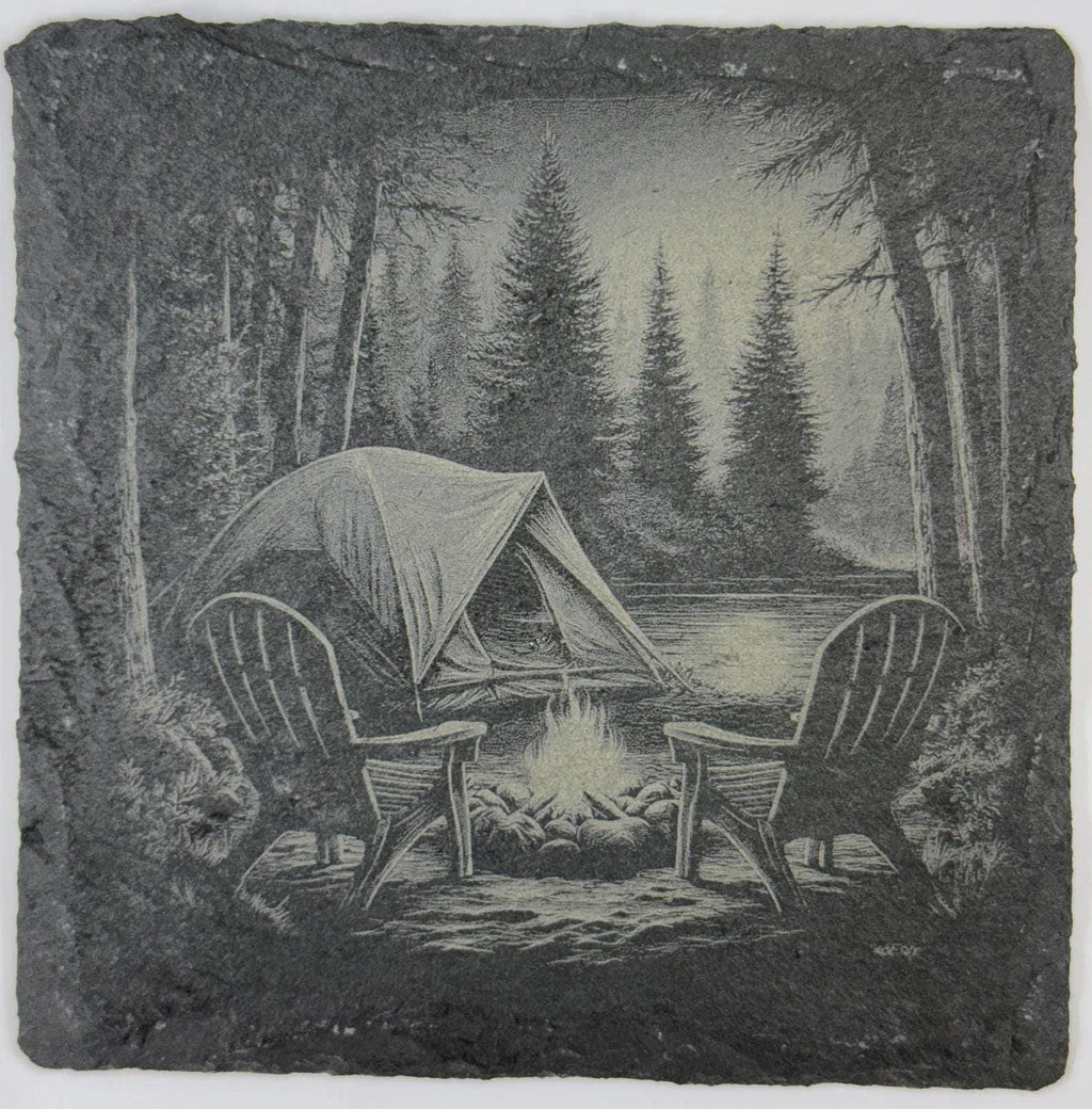 Moonlit Forest Campfire Slate Coaster – Night Camping Scene Engraved