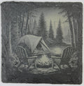 Moonlit Forest Campfire Slate Coaster – Night Camping Scene Engraved