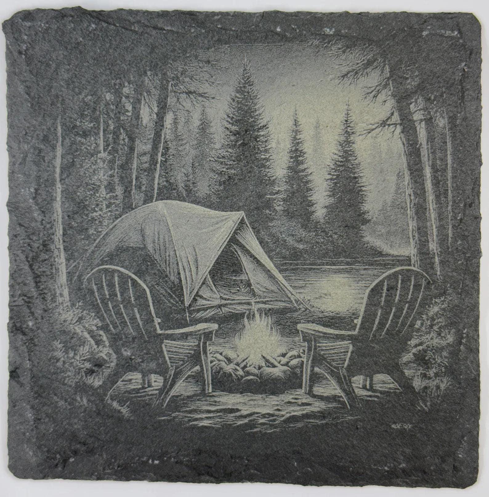 Moonlit Forest Campfire Slate Coaster – Night Camping Scene Engraved
