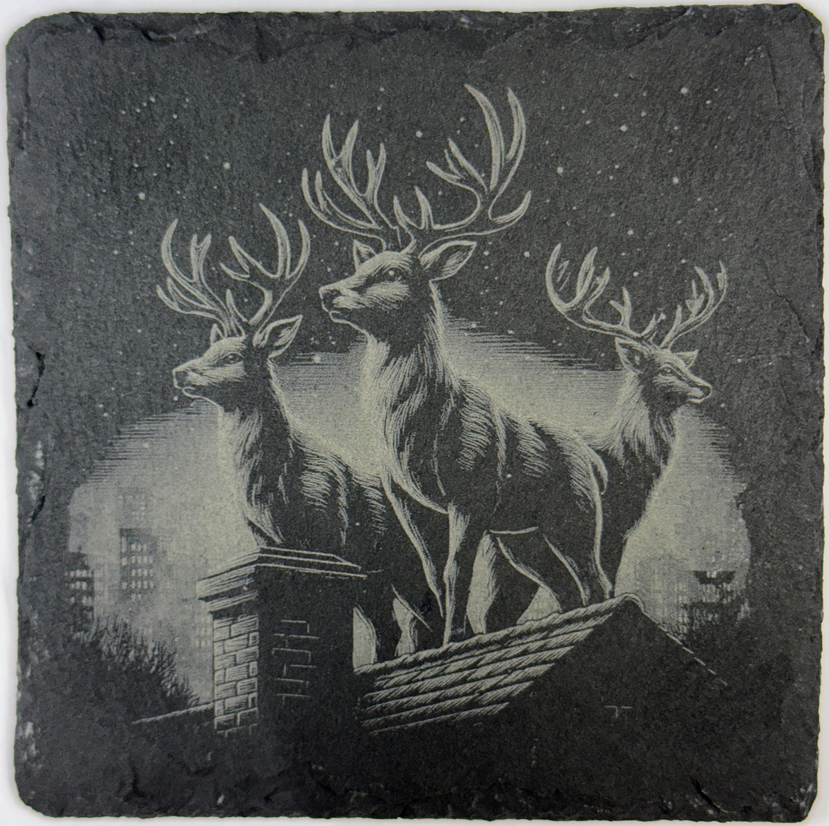 Rooftop Reindeer Slate Coaster – Classic Christmas Night Scene