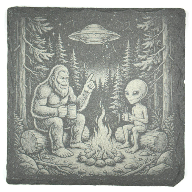 Bigfoot and Alien Campfire Coffee – Pacific Northwest UFO Slate Coaster