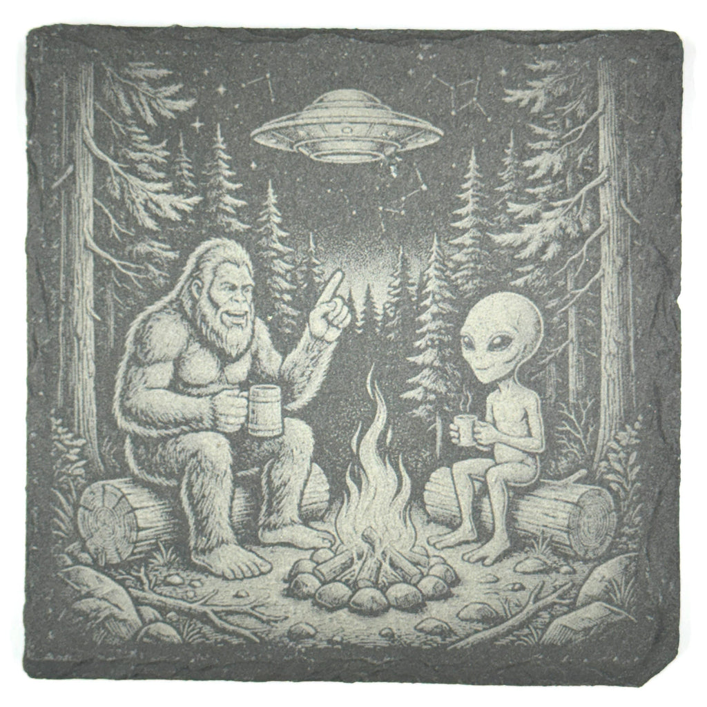 Bigfoot and Alien Campfire Coffee – Pacific Northwest UFO Slate Coaster