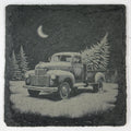 Moonlit Christmas Tree Truck Slate Coaster – Cozy Winter Night Decor