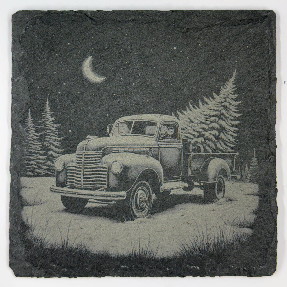 Moonlit Christmas Tree Truck Slate Coaster – Cozy Winter Night Decor