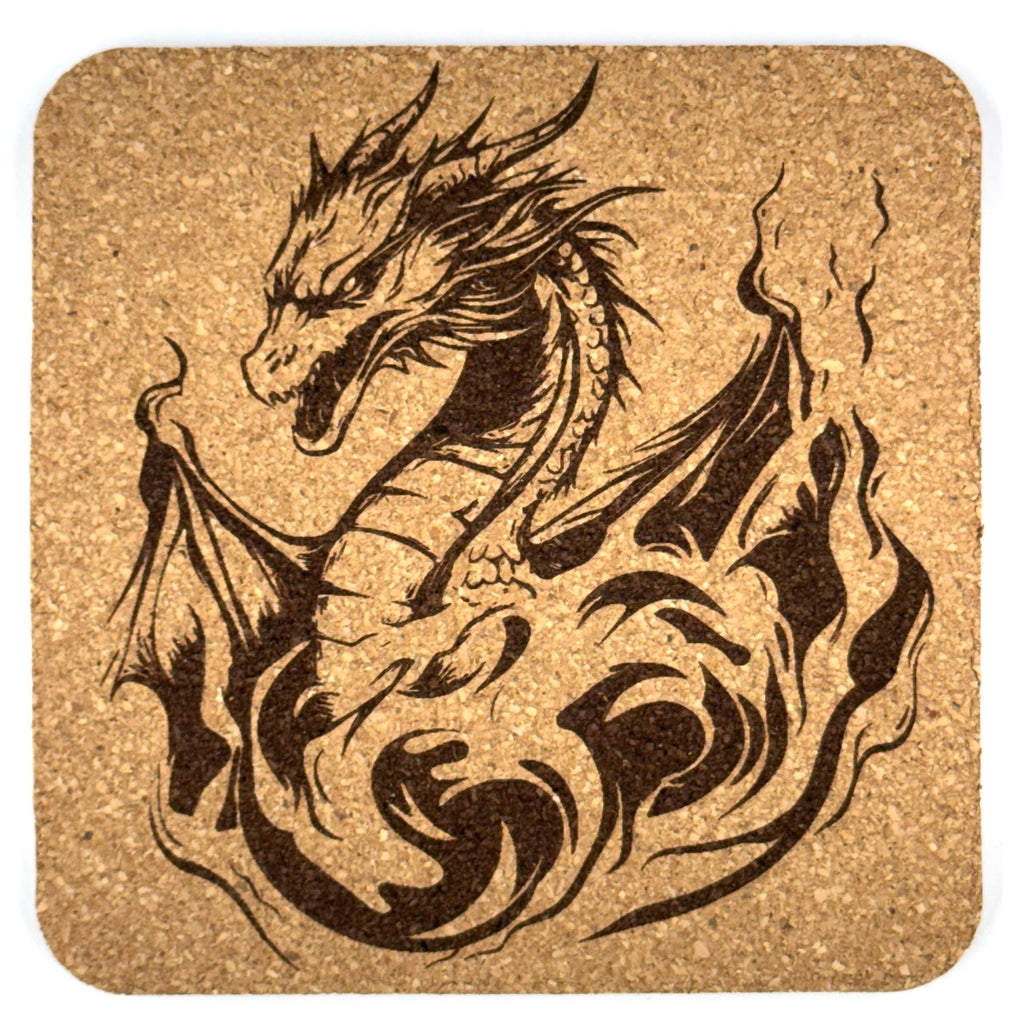 Rising Fire Dragon Square Cork Coaster – Mythical Beast Design
