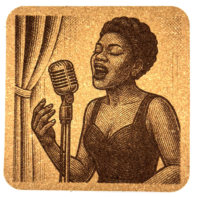 Jazz Singer with Vintage Microphone – Laser Engraved Cork Coaster