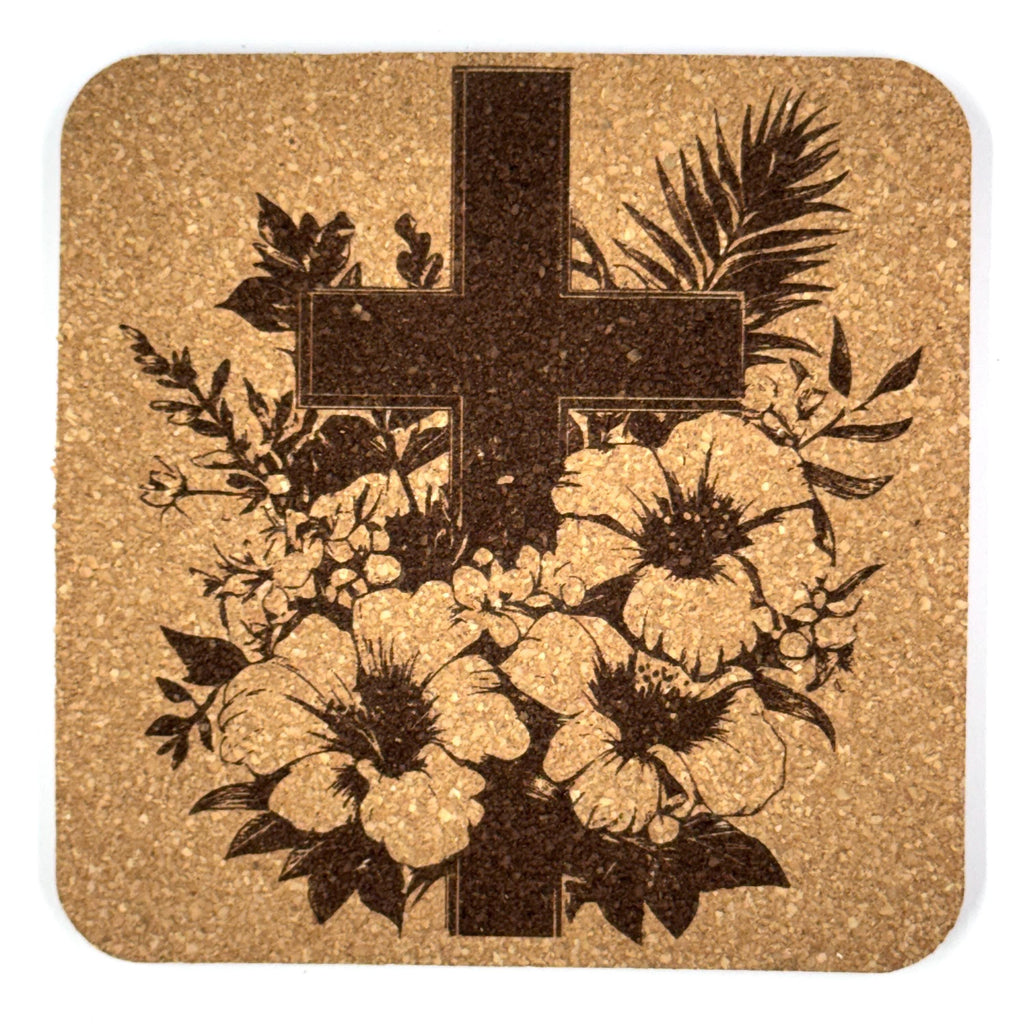 Floral Bouquet Cross Laser Engraved Cork Coaster