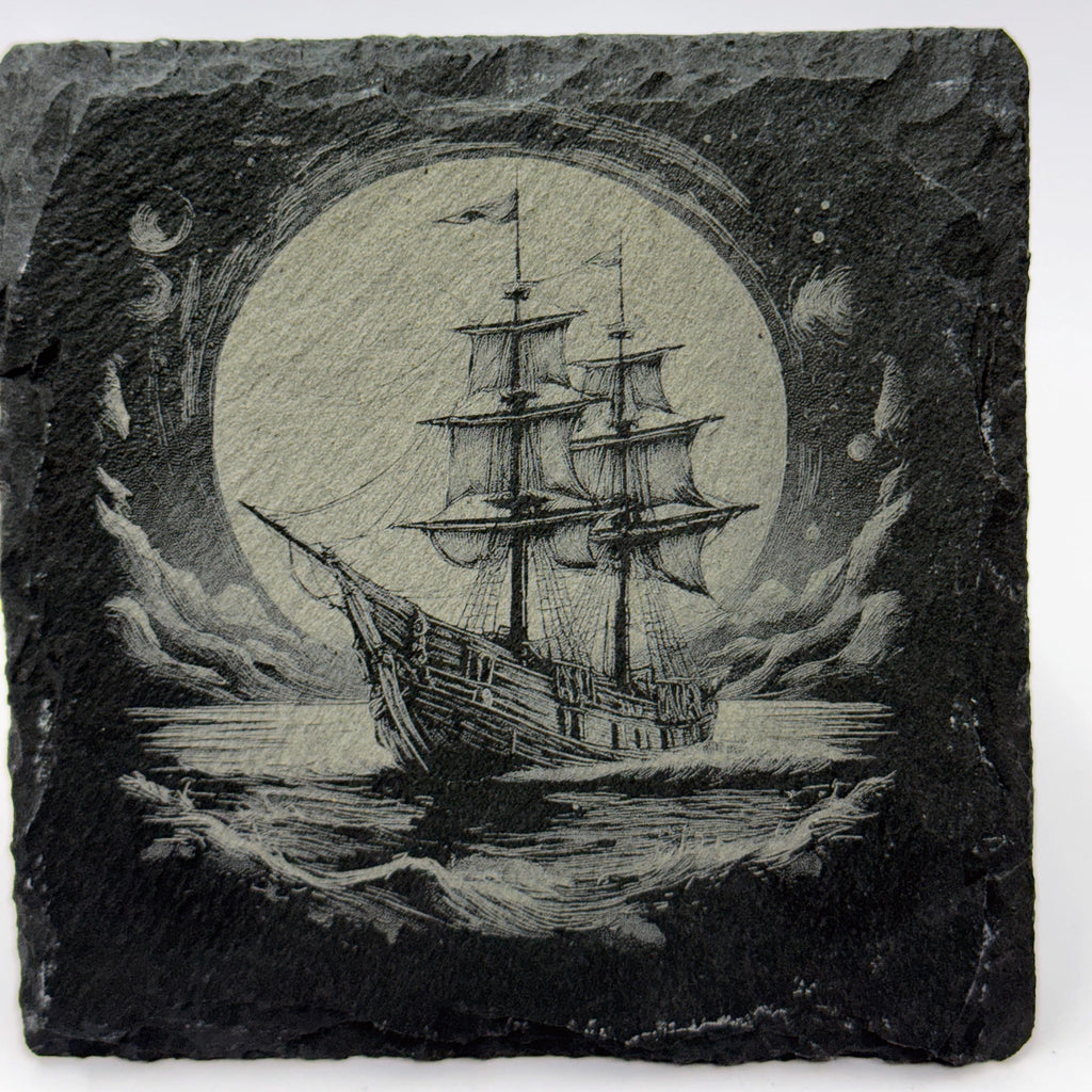Moonlit Pirate Ship in Heavy Seas – Slate Coaster