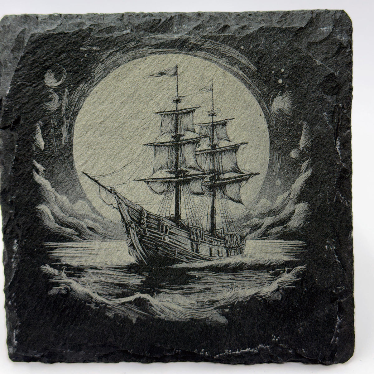 Moonlit Pirate Ship in Heavy Seas – Slate Coaster