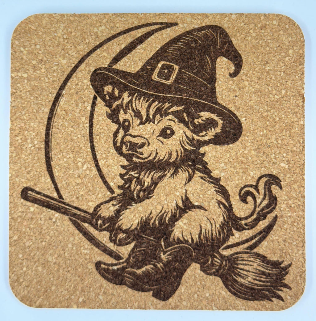 Flying Witch Highland Cow Cork Coaster – Playful Halloween Art