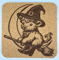 Flying Witch Highland Cow Cork Coaster – Playful Halloween Art