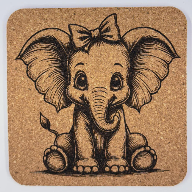 Sweet Baby Elephant with Bow – Laser Engraved Cork Coaster
