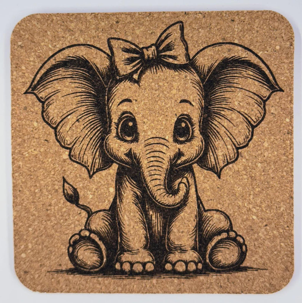 Sweet Baby Elephant with Bow – Laser Engraved Cork Coaster