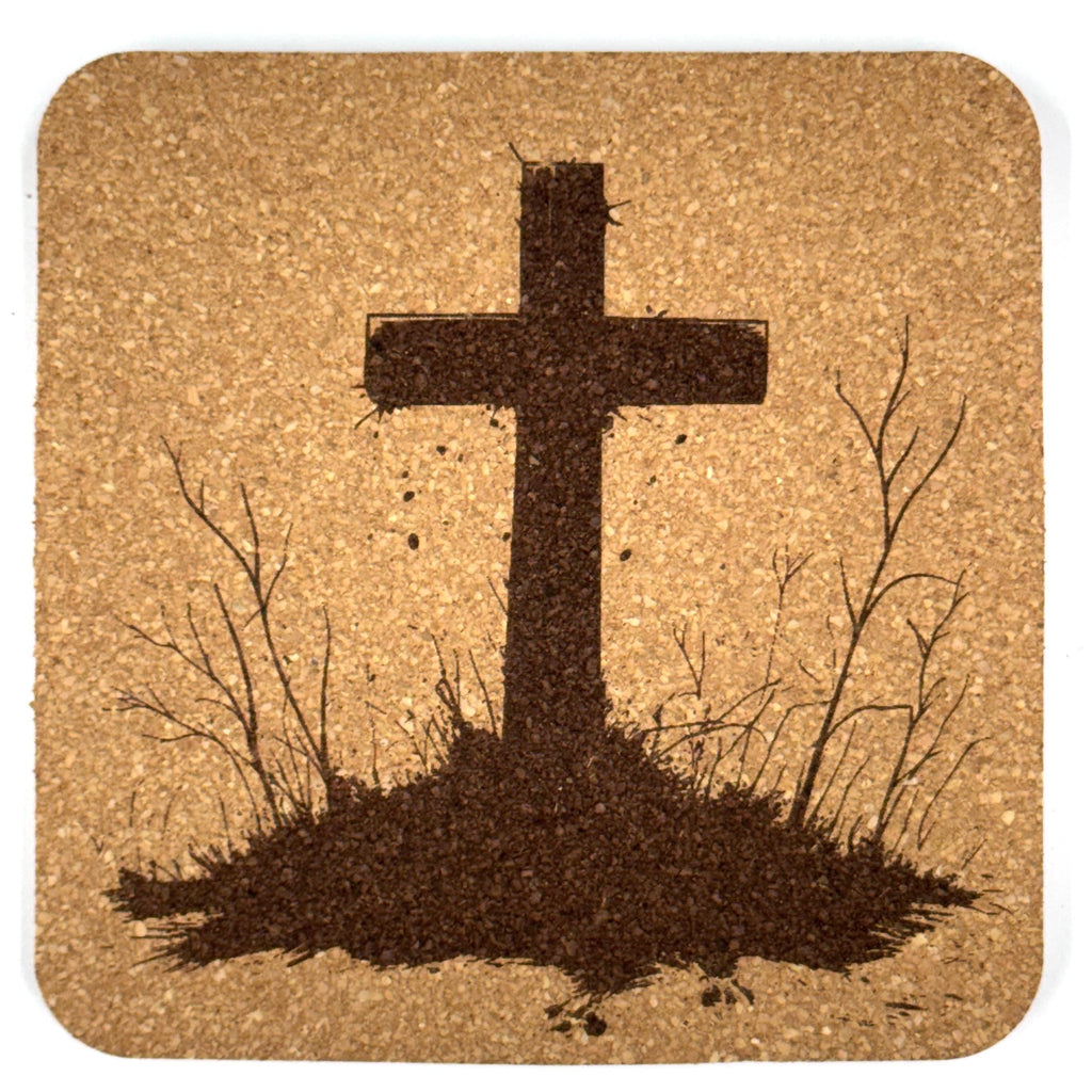 Quiet Woodland Cross Laser Engraved Cork Coaster