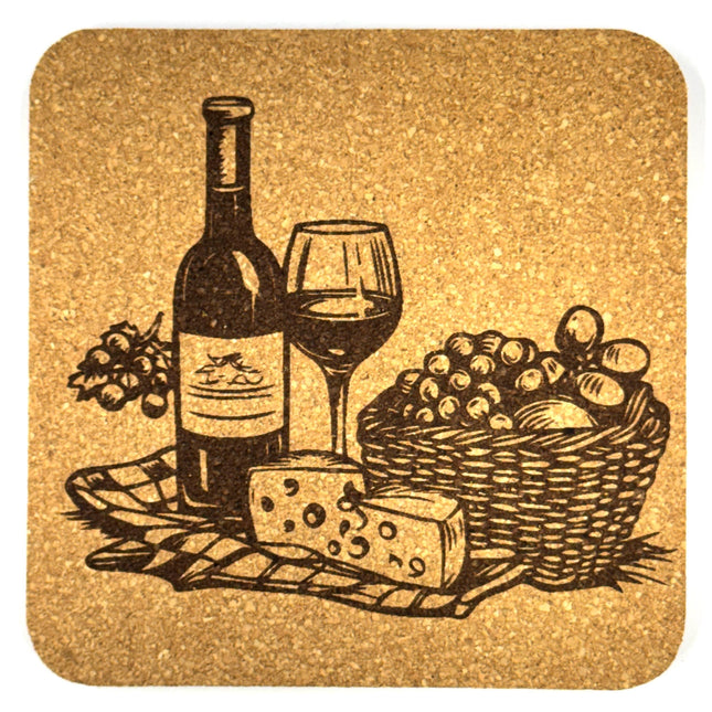 Wine Picnic Cork Coaster – Bottle, Glass, Grapes Vineyard Table Decor
