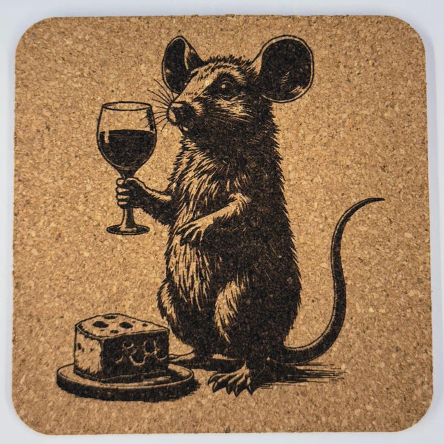 Mouse with Wine and Cheese – Playful Cork Coaster