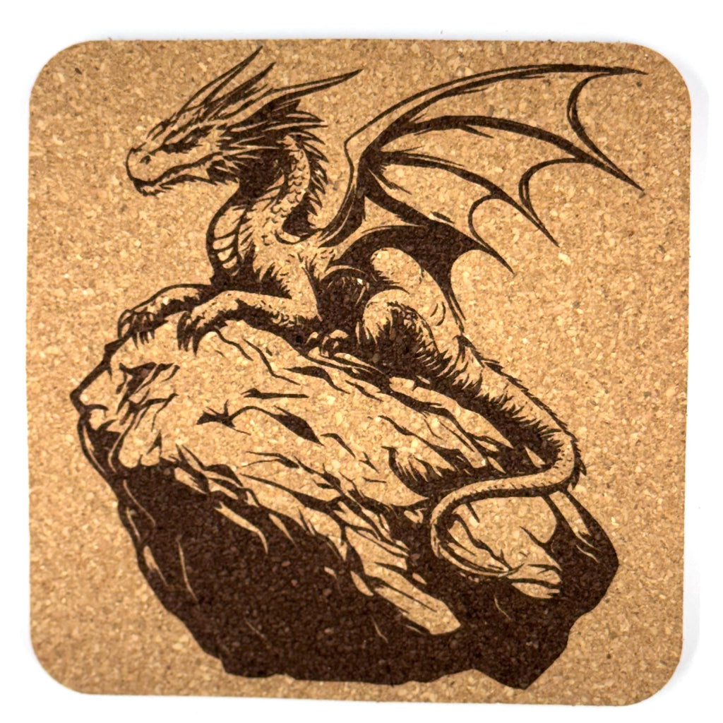 Cliffside Dragon Perch Square Cork Coaster – Fantasy Guardian