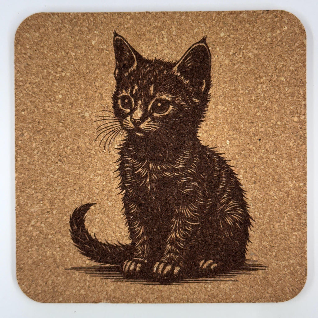 Young Cat Sitting – Classic Engraved Cork Coaster