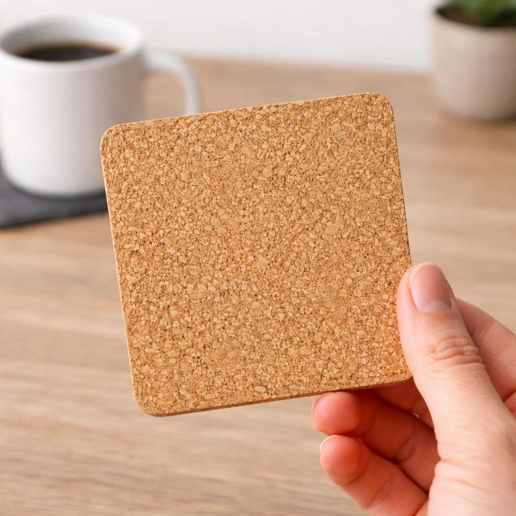 A hand is holding a cork coaster in the foreground, with a cup of coffee visible in the background.