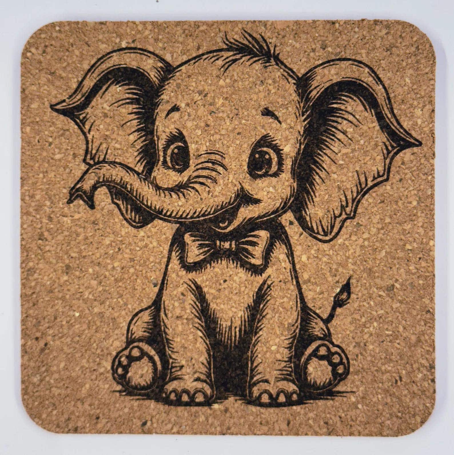 Dapper Baby Elephant with Bow Tie – Engraved Cork Coaster