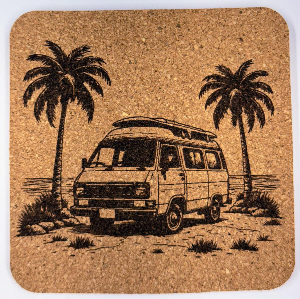 Van Life Coaster – Engraved Cork Drink Coaster with Tropical Travel Design