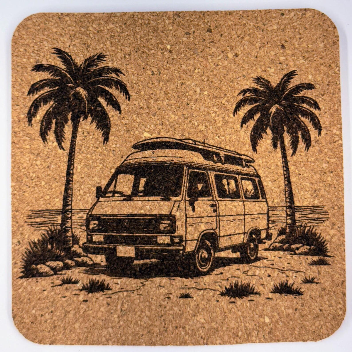 Van Life Coaster – Engraved Cork Drink Coaster with Tropical Travel Design