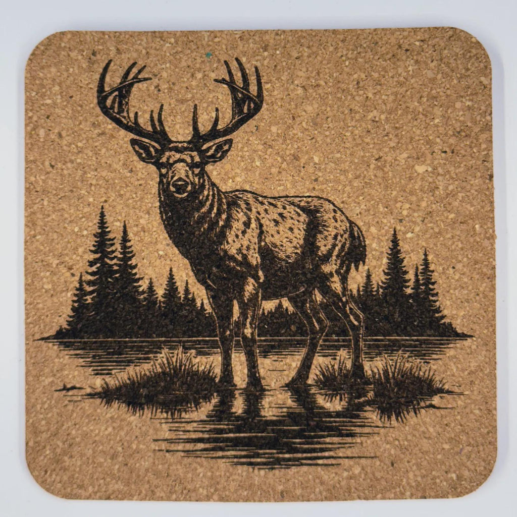 Forest Buck Wilderness Scene – Engraved Cork Coaster