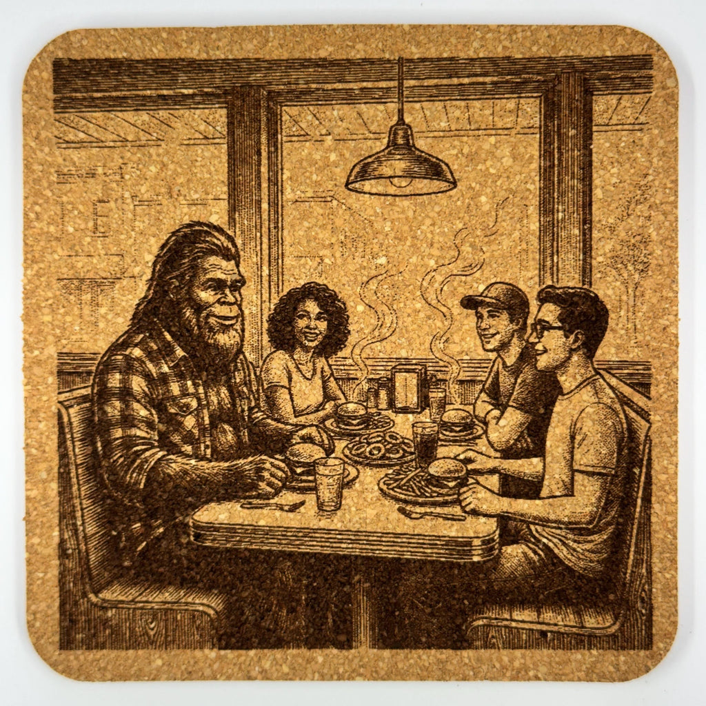 Bigfoot Dinner Cork Coaster – Sasquatch Night Diner Art