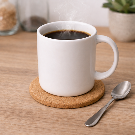 A white ceramic mug filled with hot coffee sits on a cork coaster, accompanied by a spoon on a wooden surface.