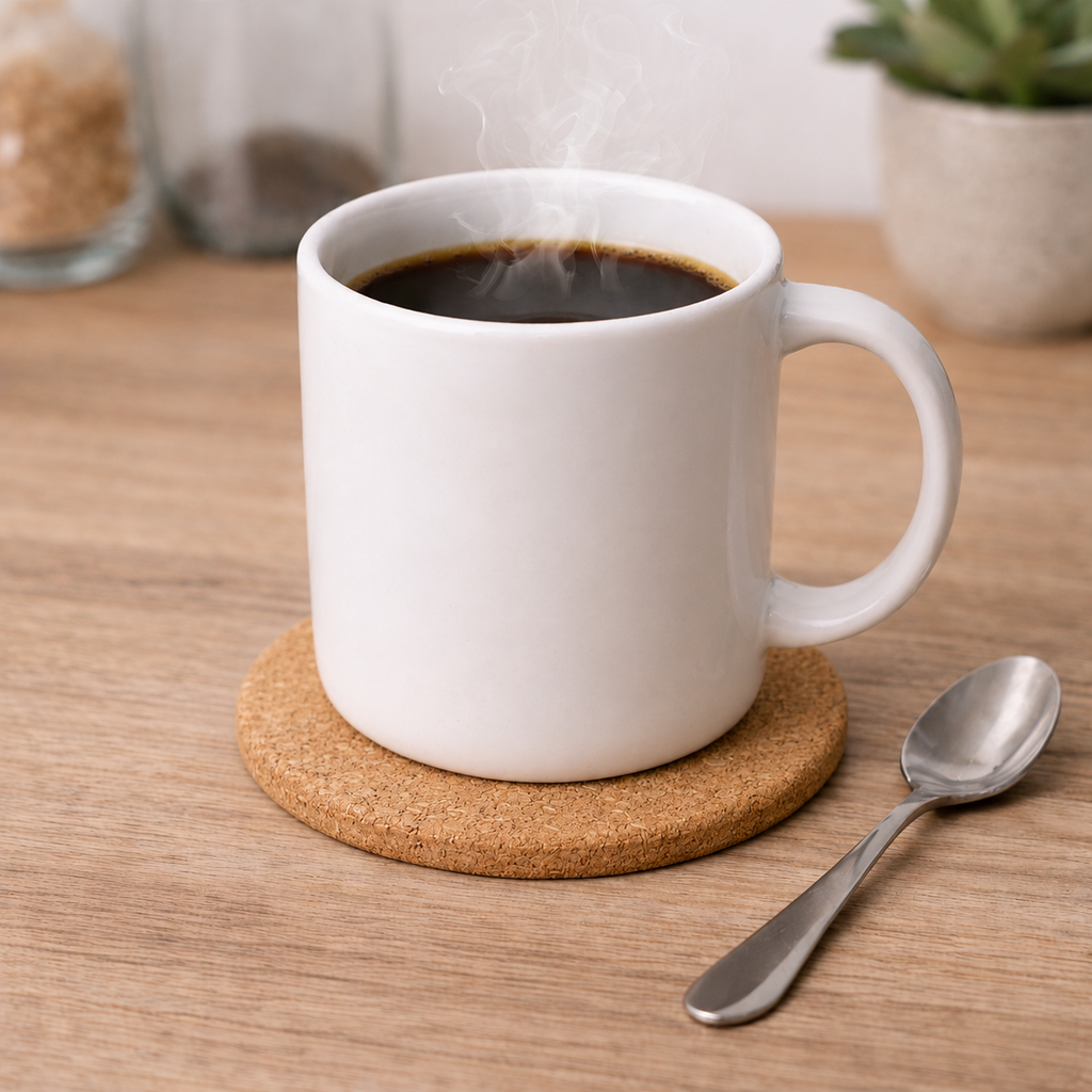 A white ceramic mug filled with hot coffee sits on a cork coaster, accompanied by a spoon on a wooden surface.