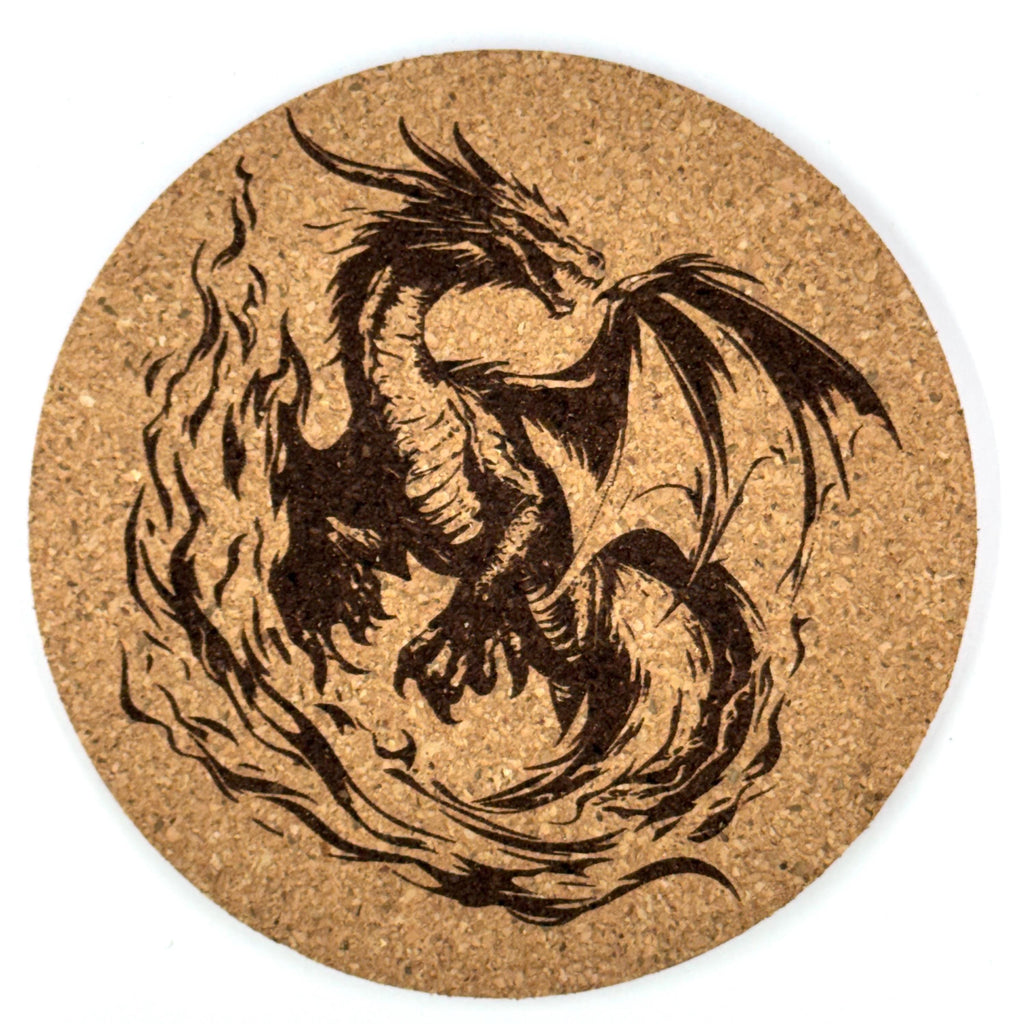 Flame-Wrapped Dragon Round Cork Coaster – Fire Dragon Art