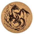 Flame-Wrapped Dragon Round Cork Coaster – Fire Dragon Art