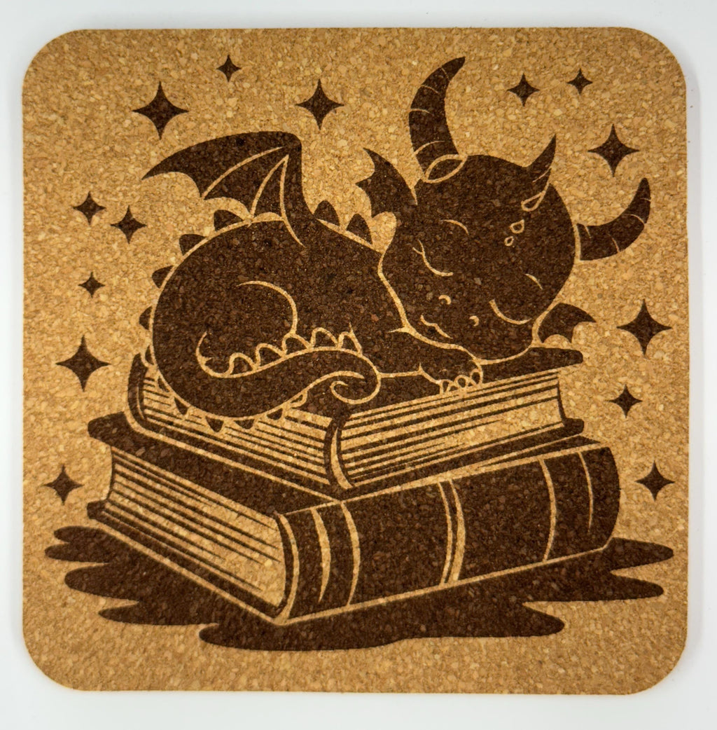 Sleeping Baby Dragon on Books – Cute Fantasy Cork Coaster